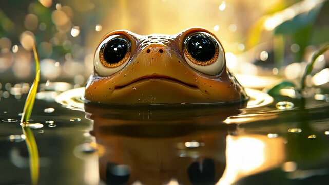 Cute frog emerging from water,  big eyes, nature scene