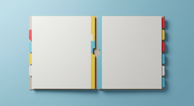 Open two-panel folder with colorful indexed dividers on a calm blue backdrop