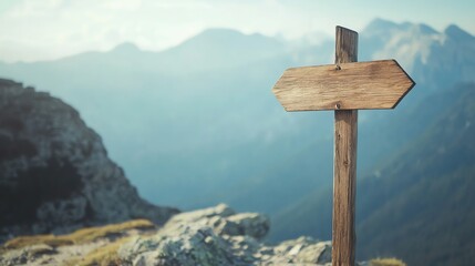 Wooden signpost points in two directions on a mountain trail with hazy peaks in the distance under a clear sky.