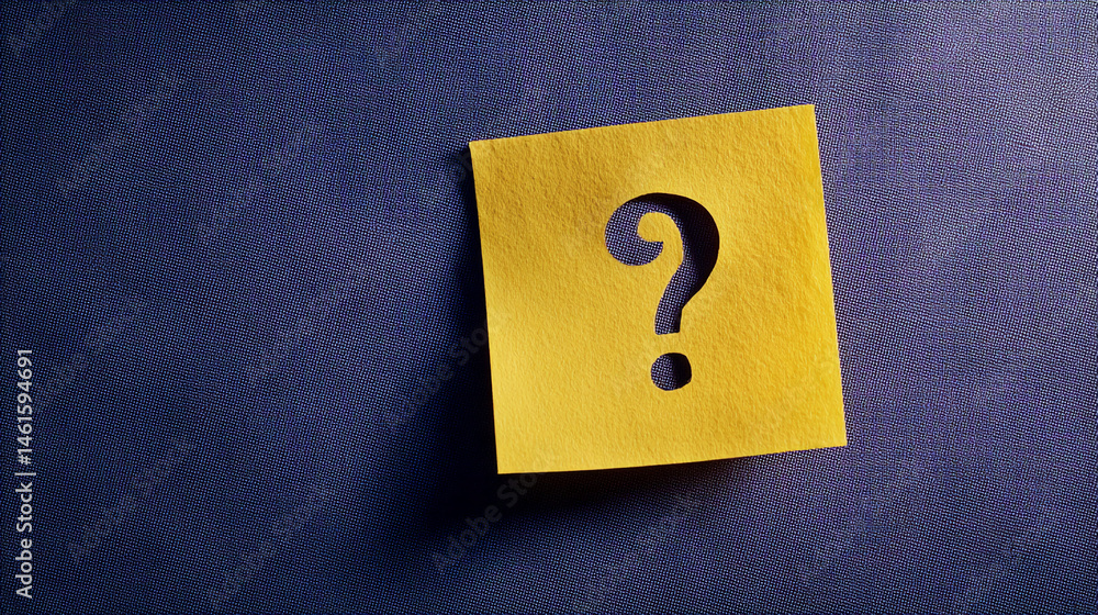 Poster yellow sticky note on dark blue background features cut-out question mark, symbolizing inquiry, unce