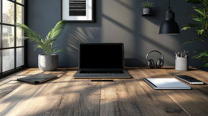 Fototapeta premium Modern workspace with laptop, notebook, and headphones on wooden desk by window, indoor plants and soft lighting. Generative AI
