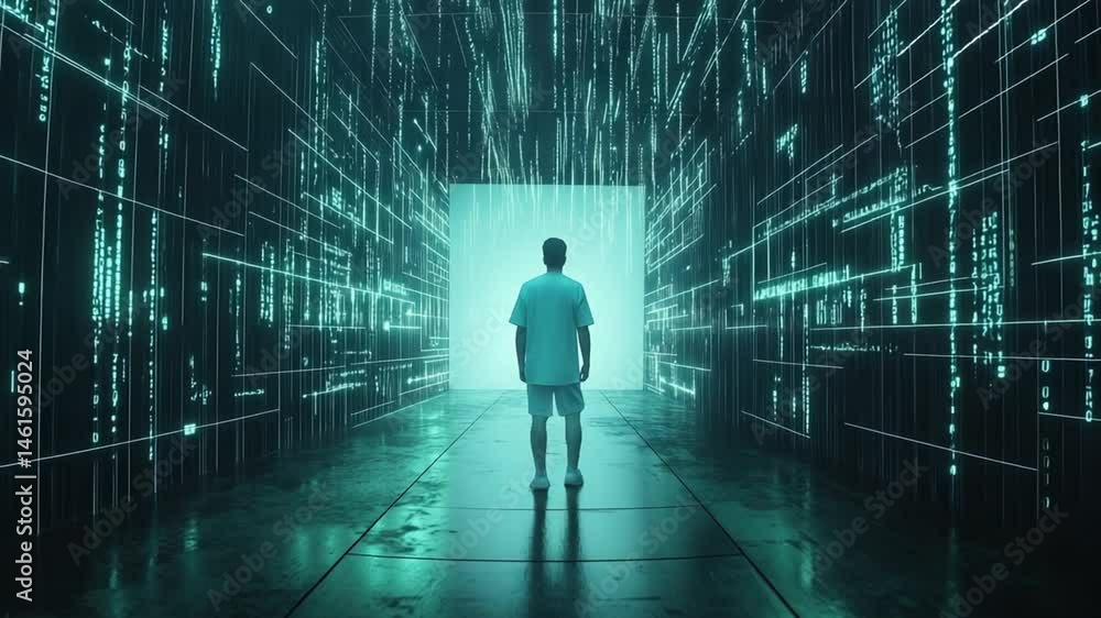 Aufkleber exploring the digital frontier: man's journey into a cybernetic realm of code and innovation