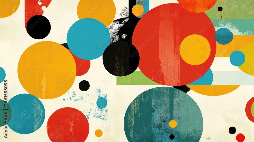Poster abstract colorful circles and geometric shapes on textured background.