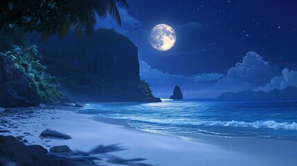 Idyllic lunar beach vista at night, Tranquility meets the nocturnal glow
