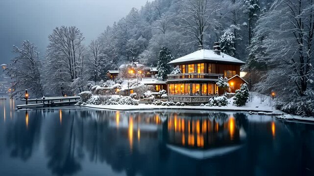 Cozy winter chalet by a serene lake