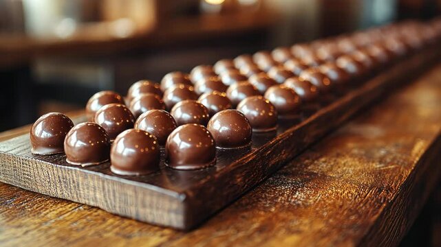 Row of rich, dark chocolate truffles on a wooden tray