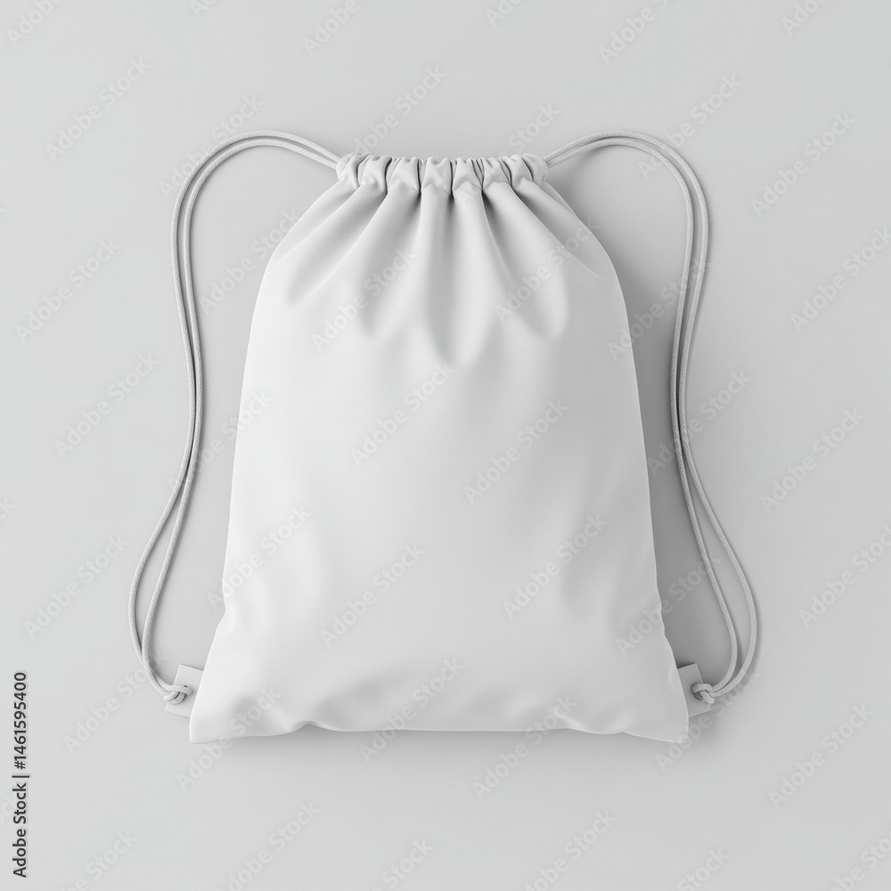 Poster empty drawstring backpack mockup in a neutral color scheme. flat lay view of the bag with drawstring