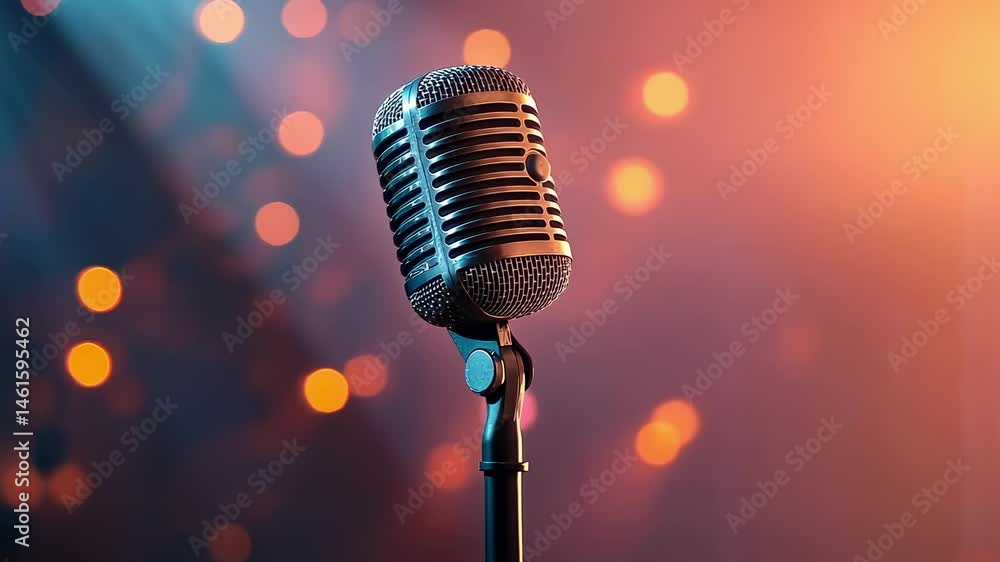 Poster modern microphone stands ready for a singer or comedian to perform on a stage, with blurred lights i