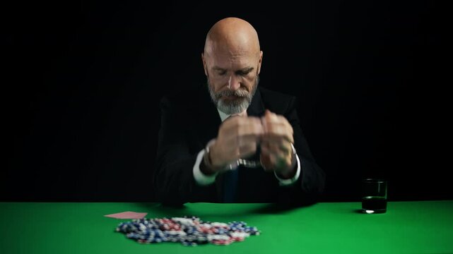 Businessman in handcuffs sitting at poker table, caught in illegal gambling