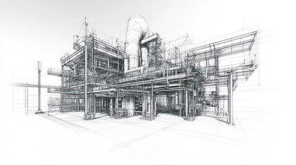 Obraz premium Monochrome sketch of industrial plant's complex infrastructure, showcasing piping, structures, and equipment.