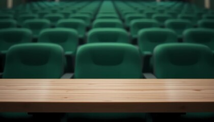 Fototapeta premium Wooden table top with blurred background of movie theater chairs.
