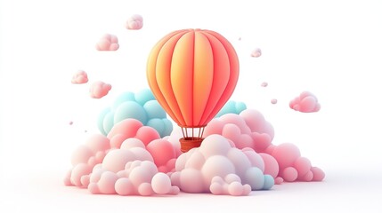 Hot air balloon floats amidst pastel clouds; whimsical, childlike scene; ideal for children's book illustration