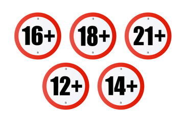 Age limit sign set. Adults content only age restriction.Censure warning age plus. Vector .