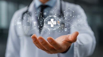 Online health network interface with doctor holding stethoscope, medical technology and innovation theme