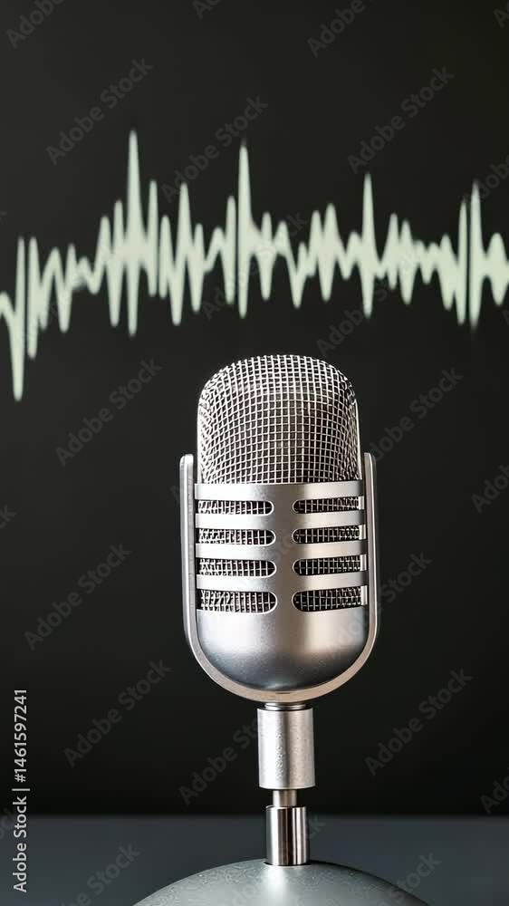 Poster Professional studio microphone capturing vibrant audio waves, visualizing sound dynamics and musical frequencies with dynamic color spectrum