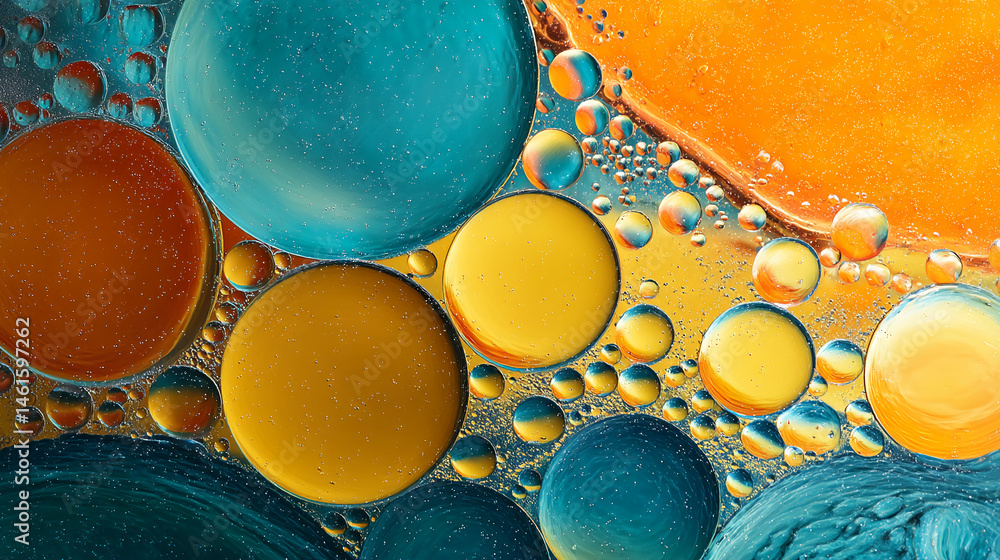 Poster Abstract image of oil and water, showing teal and gold colored bubbles of various sizes.  The interplay of colors and textures creates a visually captivating abstract design