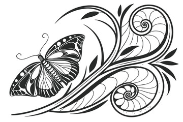 21 Abstract organic shapes, flowing lines, black and white illustration, intricate patterns, zentangle style, swirling curves, spiral motifs, botanical-inspired design, Art Nouveau influence, dynamic 