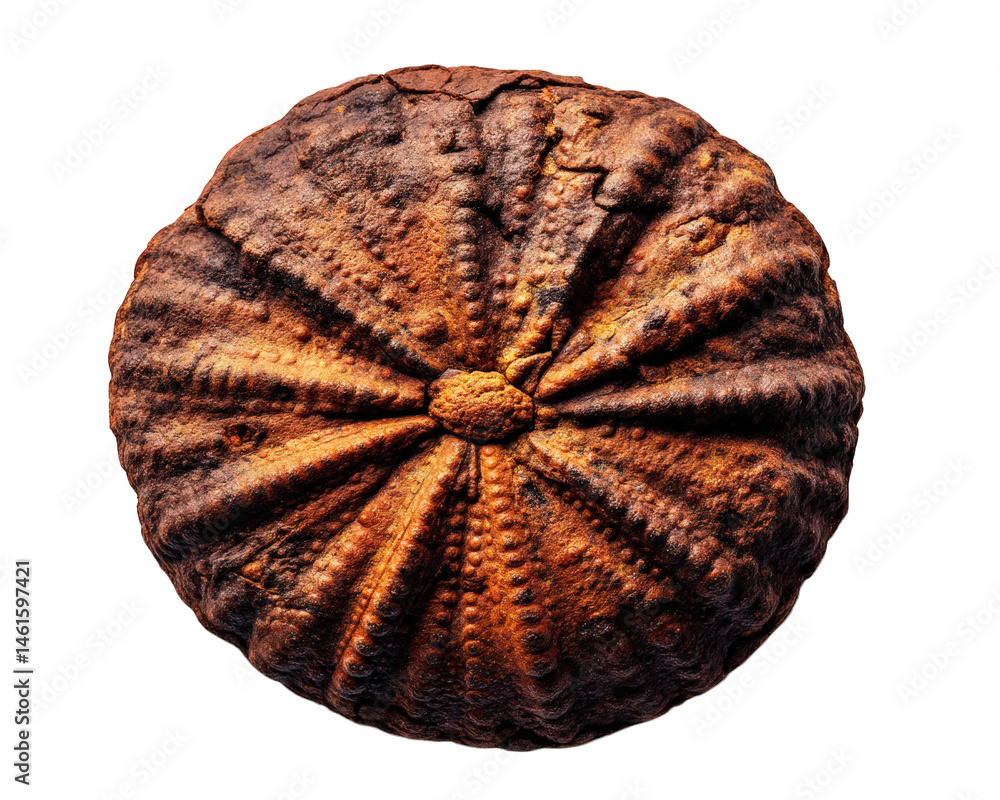 Poster ancient fossilized sea urchin with intricate details, showcasing textured surface and unique pattern