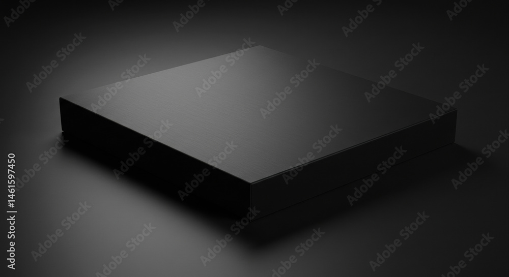 Poster black square box with brushed metal texture on dark background. product placement with minimalist st