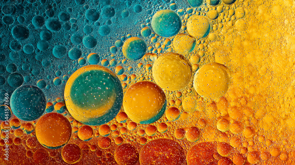 Poster Abstract image of oil and water mixture, showcasing vibrant teal and golden spheres, creating a dynamic and colorful pattern, suggesting a cosmic or microscopic view