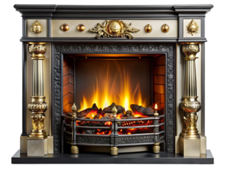 fireplace with burning logs isolated on white background. PNG Transparent.