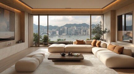 Fototapeta premium Modern living room with panoramic city views.