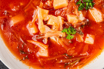 Soup vegetables red borscht first course vegetable dish fresh delicious gourmet food background on the table rustic food top view copy space keto and paleo diet vegetarian and vegan food