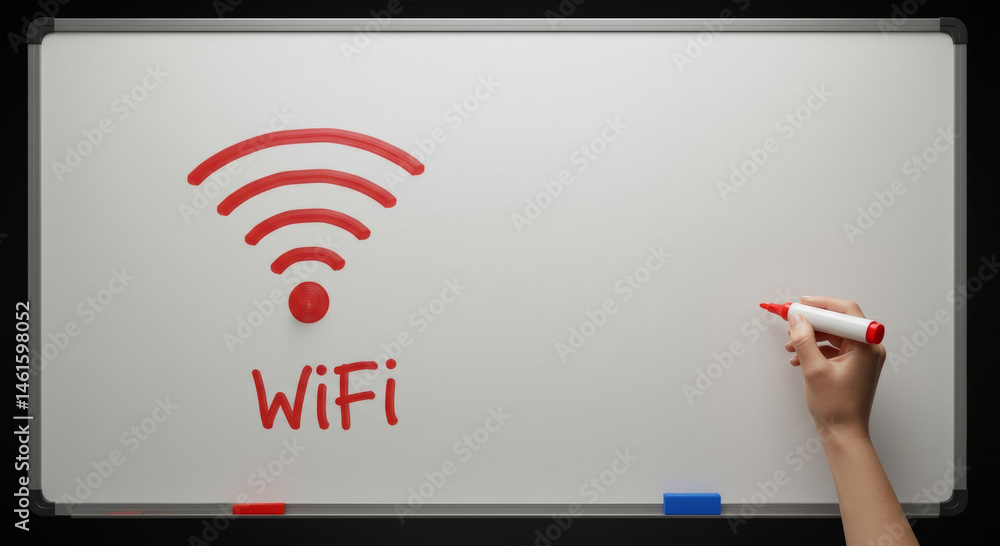 Poster red wifi symbol drawn on a whiteboard with a red marker by a hand. female hand holding a red marker 