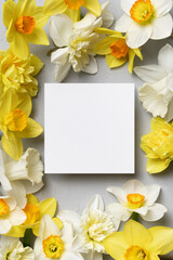 Blank square invitation or greeting card mockup with flowers, copy space for card design