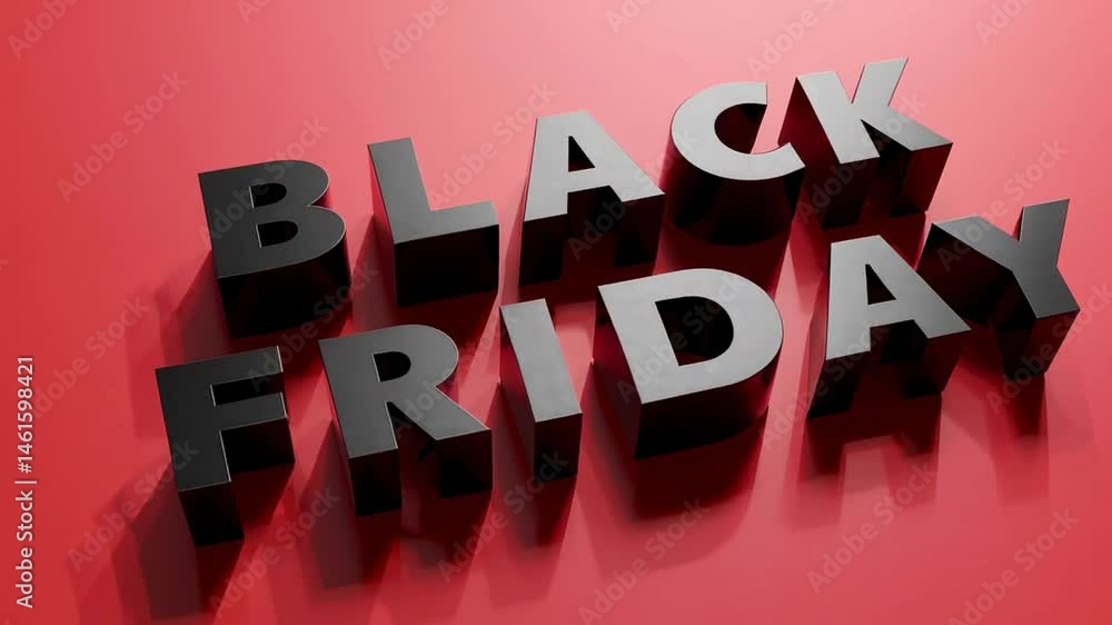 Poster black friday graphic design featuring rotating 3d lettering on vivid red backdrop, highlighting seas