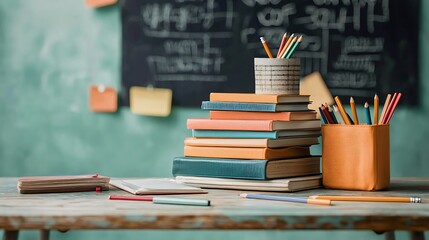 Stack of colorful books and stationery on a rustic wooden table, against a chalkboard wall