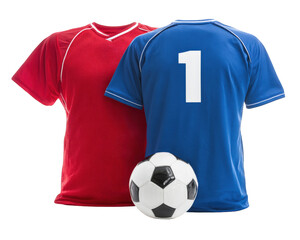 Red and blue sports jerseys with soccer ball ready for play, showcasing vibrant colors and sporty design. Perfect for team spirit and athletic activities