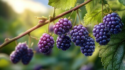 Cluster of shiny blackberries sits on a vine, each berry plump and ready to be picked.