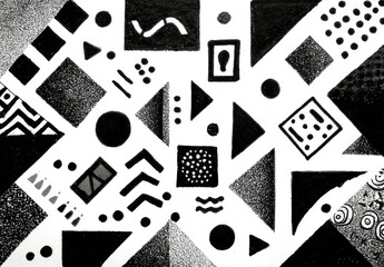 Abstract Black and White Geometric Pattern with Varied Shapes and Textures