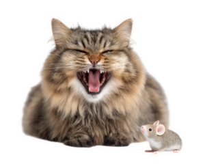 Fluffy cat with wide open mouth is playfully interacting with small toy mouse, showcasing humorous and lively moment. cat fur is thick and soft, adding to its adorable appearance