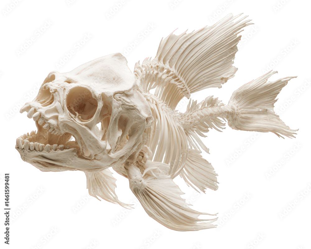 Poster detailed fossil of prehistoric fish, showcasing intricate skeletal structures and unique features. t