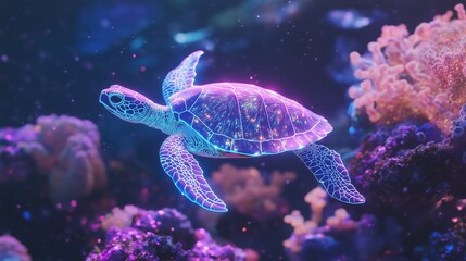 Obraz premium A Neon Sea Turtle Swimming Past Luminous Coral