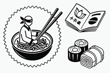 22 Black and white illustration, Japanese-inspired icons, ramen bowl with chopsticks, ninja silhouette reading book, lotus flower, sushi roll with chopsticks, simple linework, high contrast, stamp-lik © Md Ruhul Amin