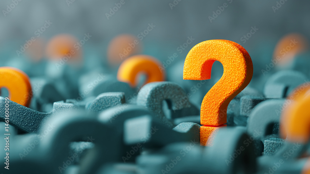 Poster orange question mark stands out among teal question marks, symbolizing unique solution or finding an