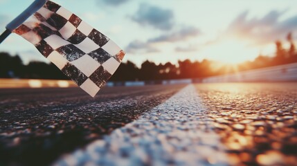 Checkered Flag Finish Line at Sunset on a Race Track