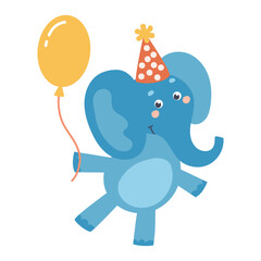 Cute colorful birthday elephant with balloons. Animal character. Hand-drawn vector illustration in flat style.