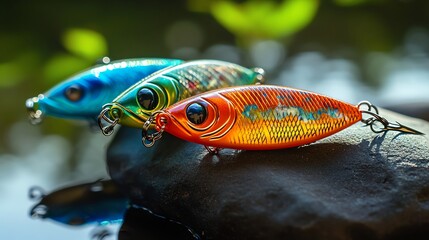 Three colorful fishing lures rest on a rock near water, with a natural, blurred background.