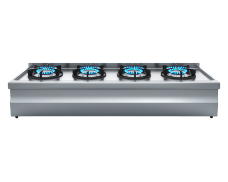 High quality commercial gas stove with five burners, featuring blue flames, designed for efficient cooking in professional kitchens. Ideal for chefs seeking reliability and performance