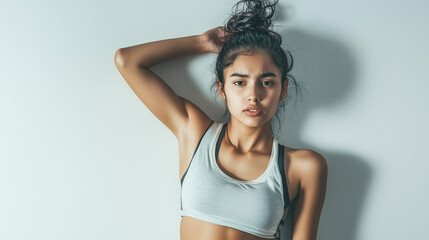Fototapeta premium Young East Asian Indian woman tired after practicing exercise try to recover. hard run workout. sweaty. success fit sports. flat background. png
