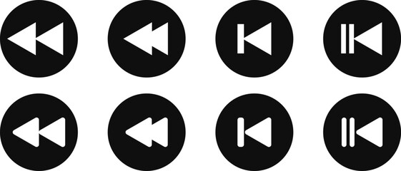 Skip backward button icon set. Button previous skip icon. Back track web sign. Media player. Rewind symbol. skip previous
