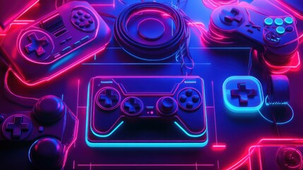 Retro gaming controllers and headphones in neon light.