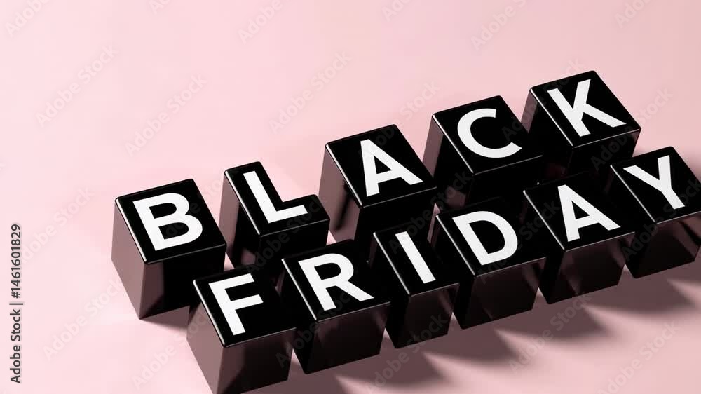 Aufkleber black cubes with white letters spelling black friday are arranged on a pink background, creating a v
