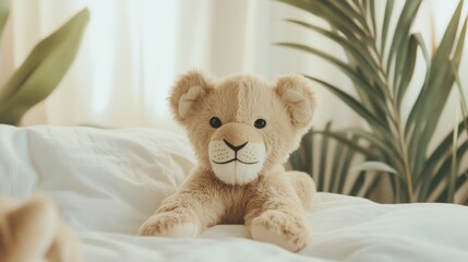 Stuffed lion cub roaring playfully in tiny jungle