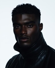 Studio portrait of man in black leather jacket