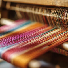 close-up of a traditional textile loom weaving colorful threads, handcrafted fabric process, poetic atmosphere, professional textile studio 